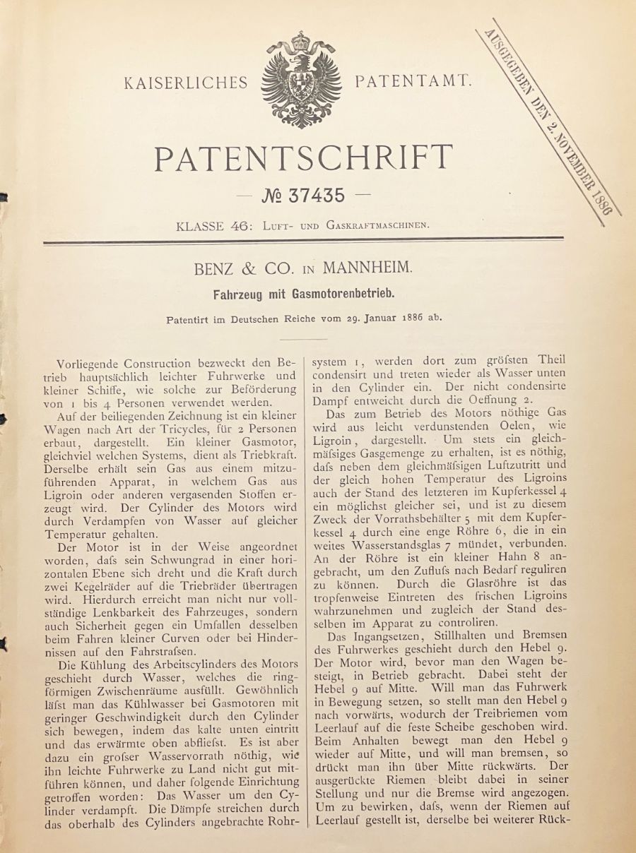 Patent specification DE 37,435, title page — Kaiserliches Patentamt, Benz & Co. in Mannheim, “Fahrzeug mit Gasmotorenbetrieb”, patented in the German Reich from 29 January 1886