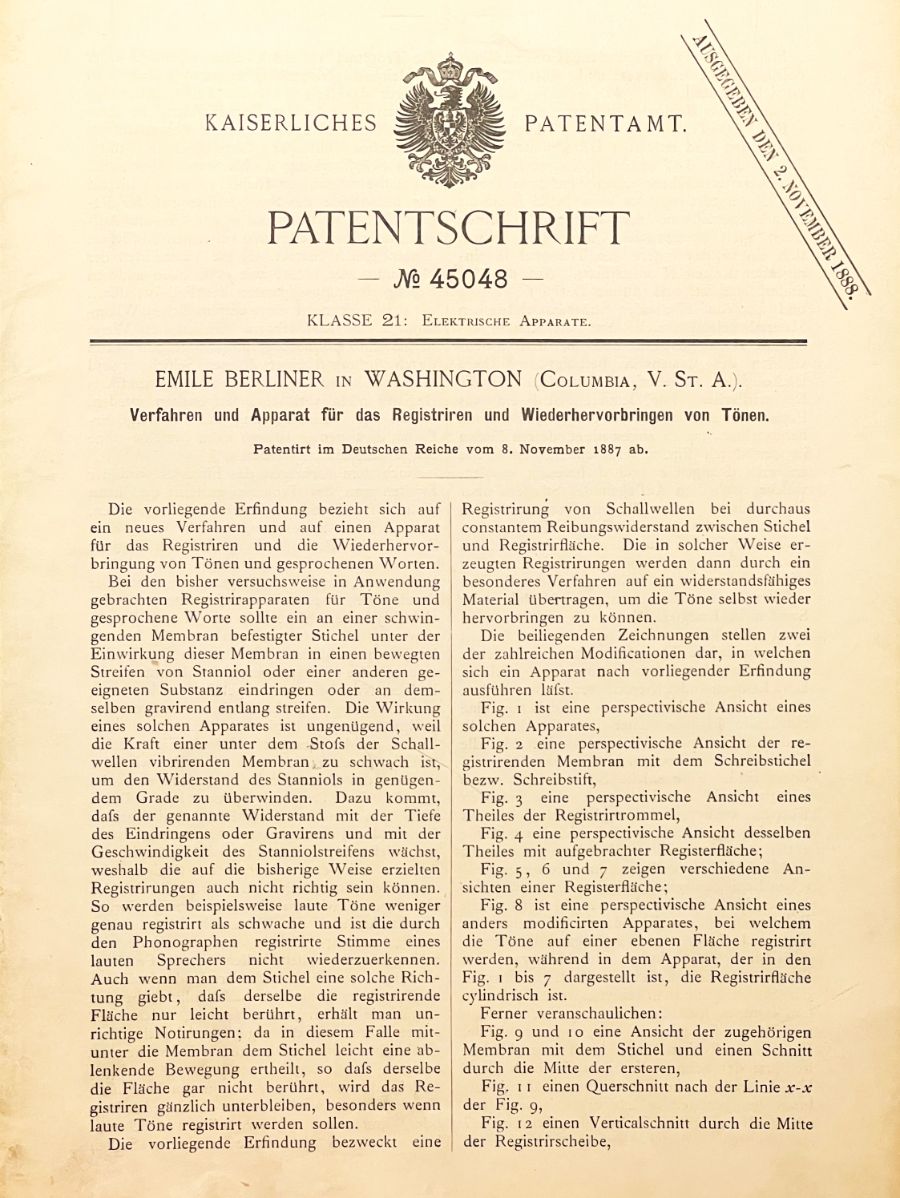 Patent specification DE 45,048, title page — Kaiserliches Patentamt, Emile Berliner in Washington, “Verfahren und Apparat für das Registriren und Wiederhervorbringen von Tönen”, patented in the German Reich from 8 November 1887