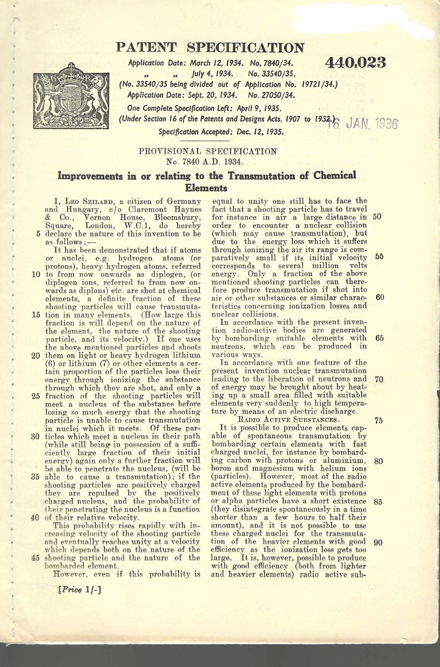 British patent specification No. 440,023, title page — Leo Szilard, “Improvements in or relating to the Transmutation of Chemical Elements”, application dated 12 March 1934, accepted 12 December 1935